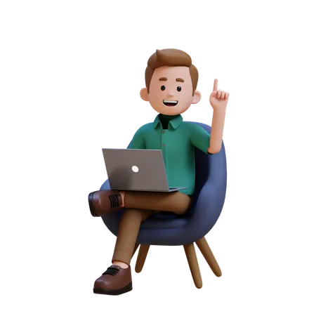 Young Man Getting Idea While Sitting On Sofa And Working On Laptop  3D Illustration