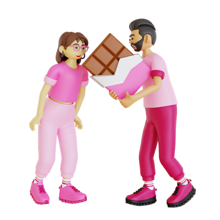Young man giving chocolate bar to woman  3D Illustration