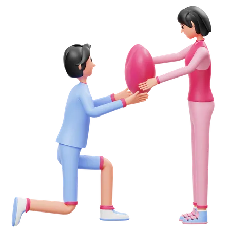 Young Man giving heart balloon to woman 3D Illustration
