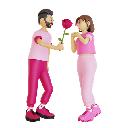 Young man giving rose to woman  3D Illustration