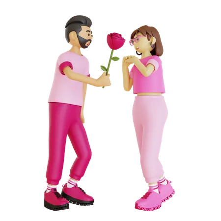 Young man giving rose to woman  3D Illustration