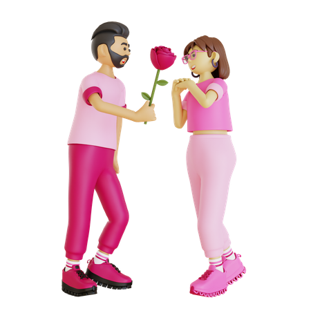 Young man giving rose to woman 3D Illustration