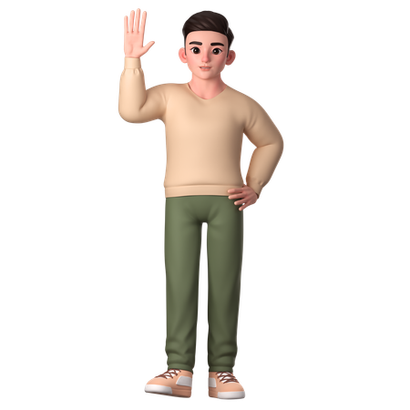Young Man Hi Greeting With Open Hand Gesture  3D Icon