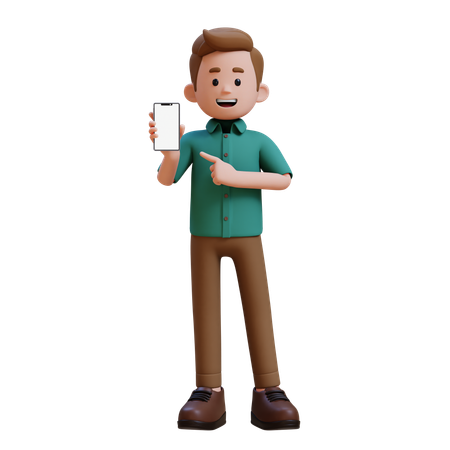 Young Man Holding And Pointing To Smartphone With Empty Screen  3D Illustration