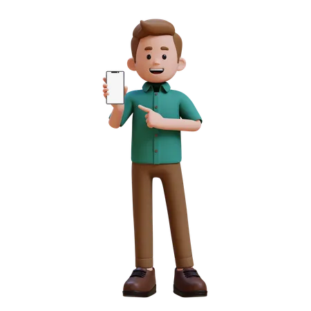 Young Man Holding And Pointing To Smartphone With Empty Screen  3D Illustration