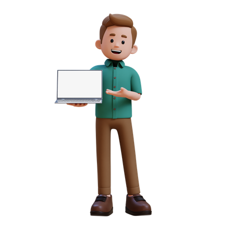 Young Man Holding And Presenting To Laptop With Empty Screen  3D Illustration