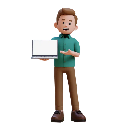 Young Man Holding And Presenting To Laptop With Empty Screen  3D Illustration