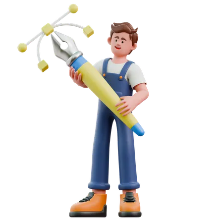 Young man holding bezier pen  3D Icon