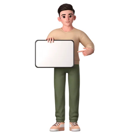 Young Man Holding Big White Digital Tablet With Right Hand And Left Hand Pointing To Promote  3D Illustration