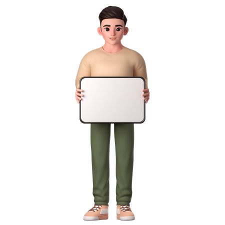 Young Man Holding Big White Tablet With Both Hands To Promote  3D Illustration