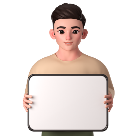 Young Man Holding Big White Tablet With Both Hands To Promote  3D Illustration