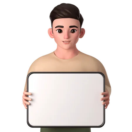 Young Man Holding Big White Tablet With Both Hands To Promote  3D Illustration