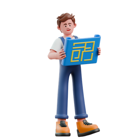 Young man holding blueprint  3D Icon