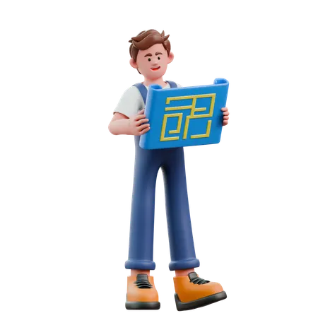 Young man holding blueprint  3D Icon