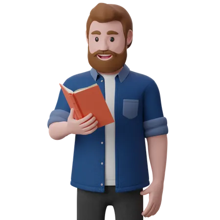 Young man holding book and reading  3D Illustration