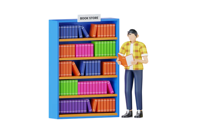 Young Man Holding Book At Bookstore  3D Illustration