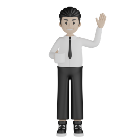 Young man holding coffee cup and say hi  3D Icon