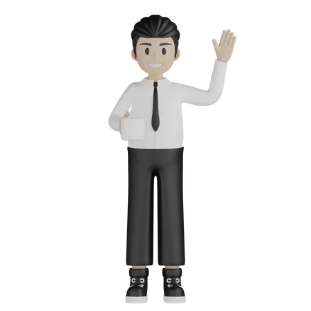 Young man holding coffee cup and say hi  3D Illustration