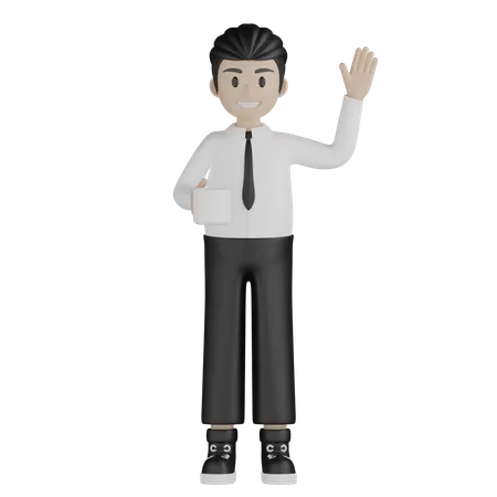Young man holding coffee cup and say hi 3D Illustration