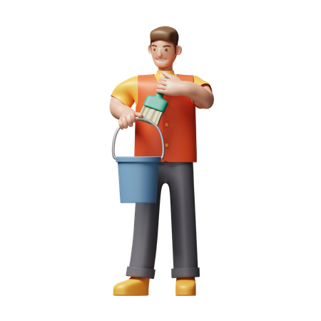 Young Man Holding Coloring Bucket  3D Icon