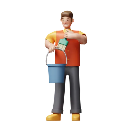 Young Man Holding Coloring Bucket  3D Icon
