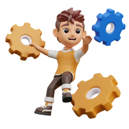 Young Man Holding Gear  3D Illustration