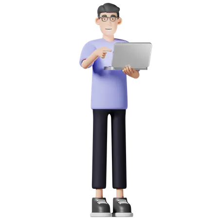 Young Man holding laptop  3D Illustration