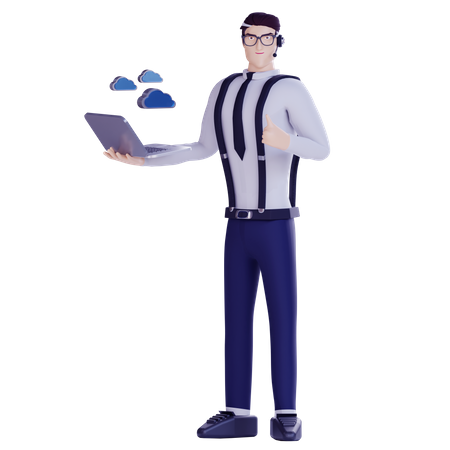 Young man holding laptop and work for cloud  3D Illustration