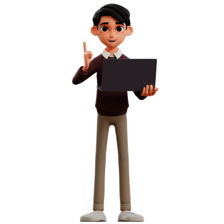 Young man holding laptop while getting idea  3D Icon