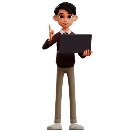 Young man holding laptop while getting idea  3D Icon