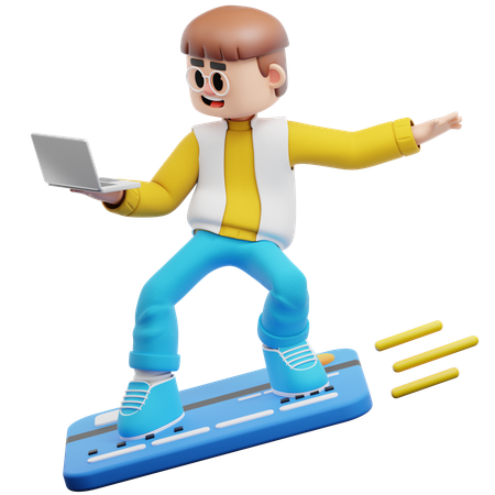Young Man Holding Laptop While Standing On Credit Card  3D Illustration