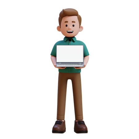 Young Man Holding Laptop With Empty Screen  3D Illustration