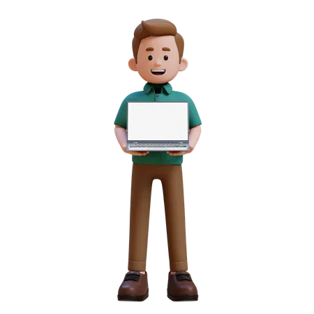 Young Man Holding Laptop With Empty Screen  3D Illustration