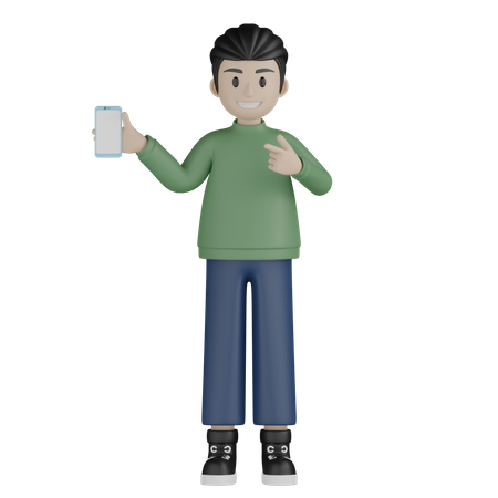 Young man holding mobile and pointing left  3D Illustration