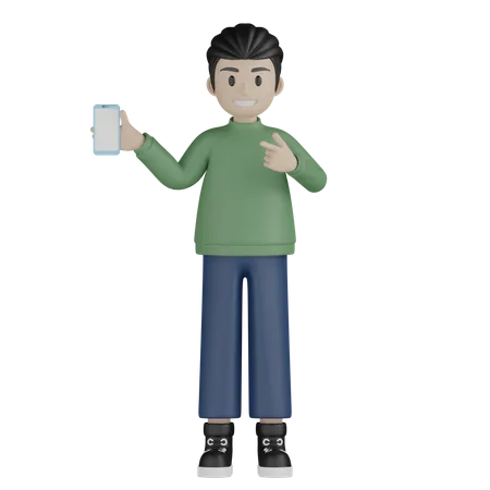 Young man holding mobile and pointing left  3D Illustration