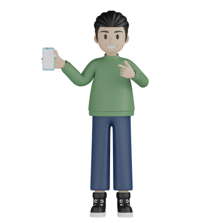 Young man holding mobile and pointing left 3D Illustration