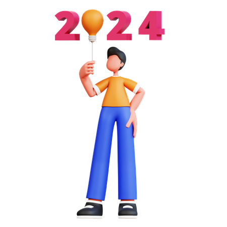 Young Man Holding New Year 2024 Balloon  3D Illustration