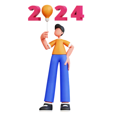 Young Man Holding New Year 2024 Balloon  3D Illustration