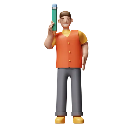 Young Man Holding Pencil  3D Icon