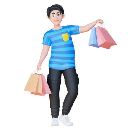 3 D Online Shopping Illustration Set Brian Holding Shopping Bag 3D Illustration