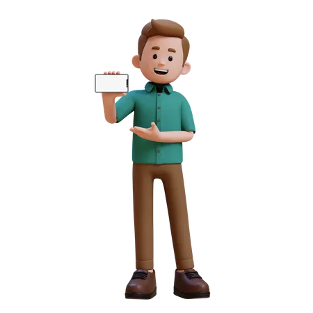 Young Man Holding Smartphone With Empty Screen  3D Illustration