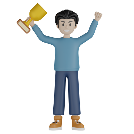 Young man holding trophy cup  3D Illustration