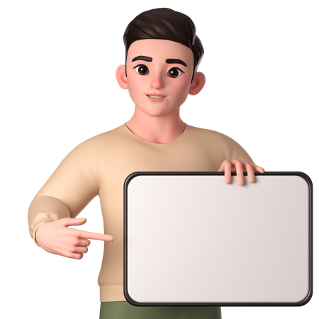 Young Man Holding White Tablet With Left Hand And Right Hand Pointing  3D Illustration