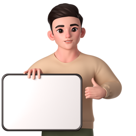 Young Man Holding White Tablet With Right Hand And Left Hand Showing Thumbs Up  3D Illustration