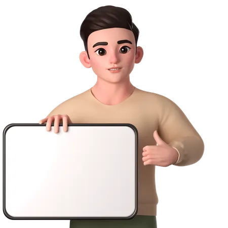 Young Man Holding White Tablet With Right Hand And Left Hand Showing Thumbs Up  3D Illustration