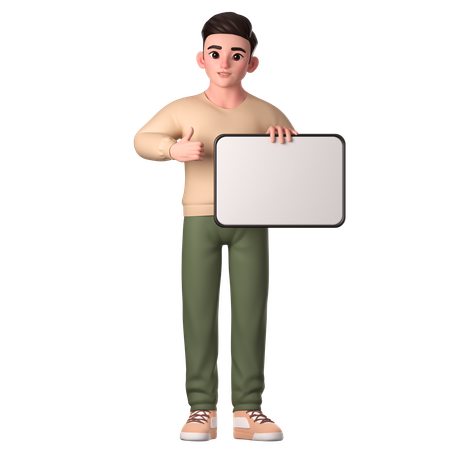 Young Man Holding White Tablet With Right Hand And Left Hand Showing Thumbs Up  3D Illustration