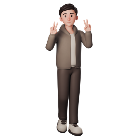 Young Man In Brown Dressed Doing Peace Hand Pose With Both Hands  3D Illustration