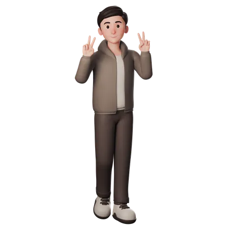 Young Man In Brown Dressed Doing Peace Hand Pose With Both Hands  3D Illustration