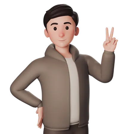 Young Man In Brown Dressed Doing Peace Hand Pose With Both Hands  3D Illustration