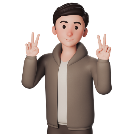 Young Man In Brown Dressed Doing Peace Hand Pose With Left Hand  3D Illustration